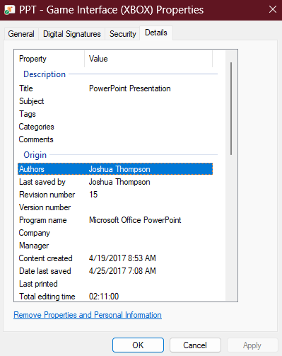 Windows file properties — PPTT 2017 creation date